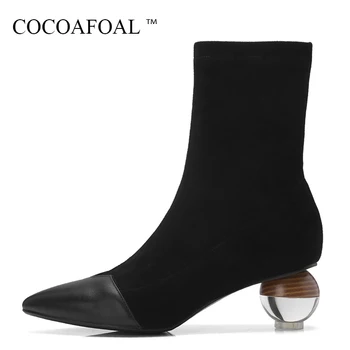 

COCOAFOAL Women's Genuine Leather Chelsea Boots Autumn Winter Mid Calf Martin Boots Plus Size 41 43 Black High Heeled Shoes