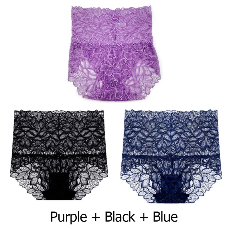 purple black blue 3 шт./лот, мягкие женские сексуальные кружевные трусики, высокая талия, бесшовное нижнее белье, женские трусики, хлопковые трусы - Цвет: purple black blue