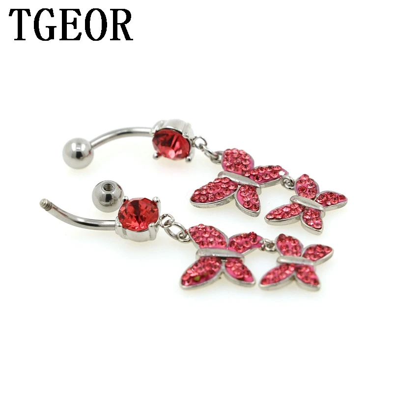 Hot wholesale 14G 20pcs ZIRCON DANGLE BUTTERFLY RIM RED crystals navel