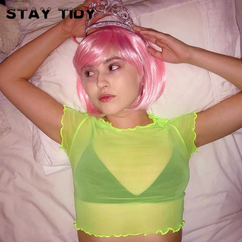 

STAY TIDY Mesh See Through Ruffles Crop Tops 2019 Summer Women Sexy O-Neck Short Sleeve T Shirt Female Beach Streetwear Tops