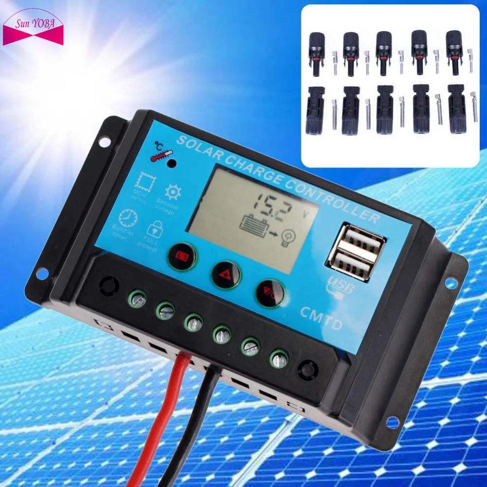 

SUN YOBA PWM 20A Solar Charge Controller 12V 24V LCD Display Auto Solar Panel Charger Regulator + 5 Pairs MC4 Cable Connectors