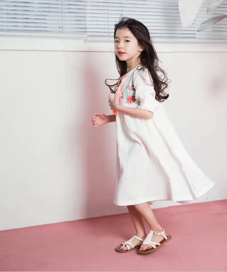 Милое детское винтавечерние праздничное платье с цветочной вышивкой и оборками для, яркое оранжевое, белое, весенне-летнее модное платье