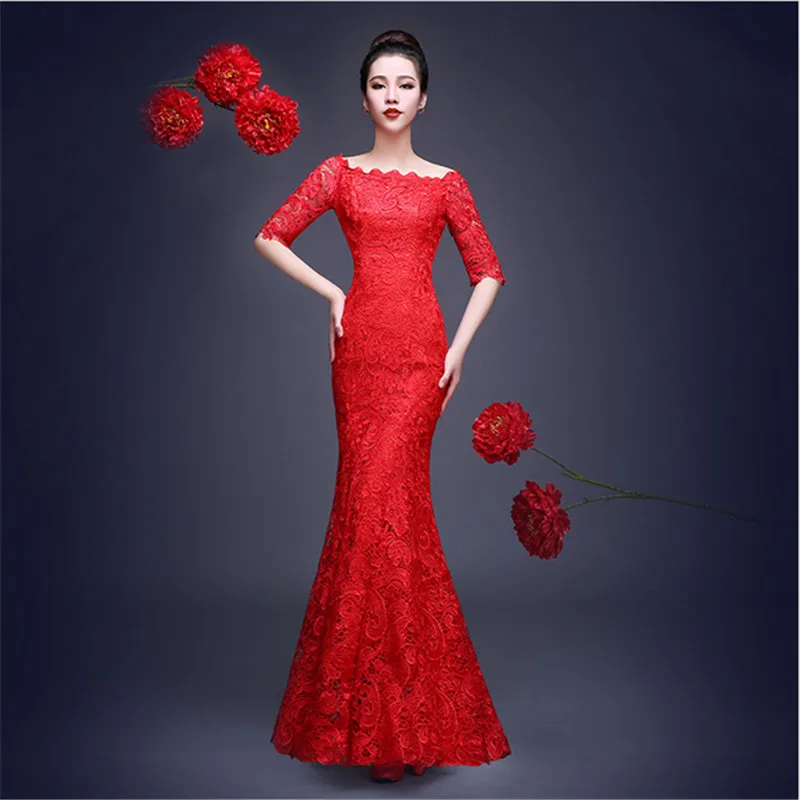 font b Women b font Chinese Cheongsam Summer Long Fishtail Lace Chinese Traditional font b