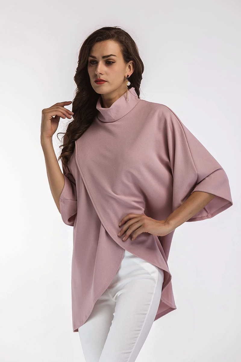 Pink Half Sleeve Irregular Front Split Turtleneck Elegant Loose Blouse
