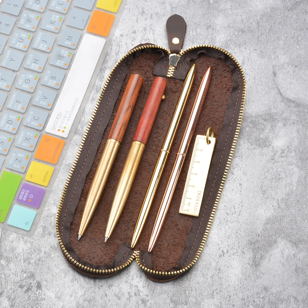 Handmade concise pen bag Genuine Crazy Horse leather mini pens pencil case 