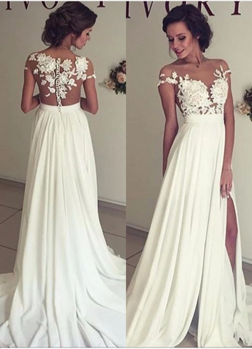 Elegant Lace Appliques 2018 Wedding Dress Long Chiffon Split 156-1