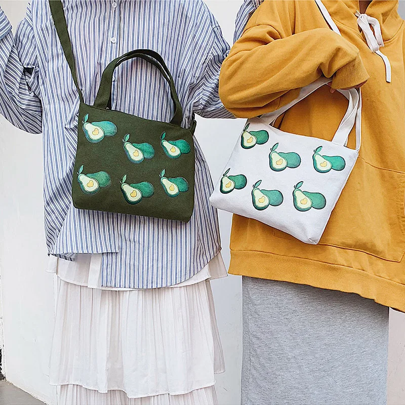 

Small Fresh Ins Simple Avocado Canvas Bag Fashion Casual Girl Shoulder Messenger Bag Environmental Protection Shopping Bag