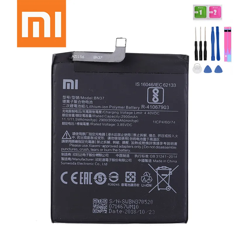 Xiao Mi 100% Подлинная Оригинальная батарея для телефона BN37 Xiaomi Redmi 6 Hongmi 6A 2900 мАч