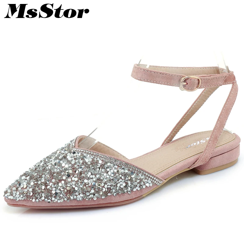 

MsStor Pointed To Bling Sandals Women Shoes Fashion Low Heel Sandalias Mujer Women Metal Buckle Square heel Sandals Ladies Shoes