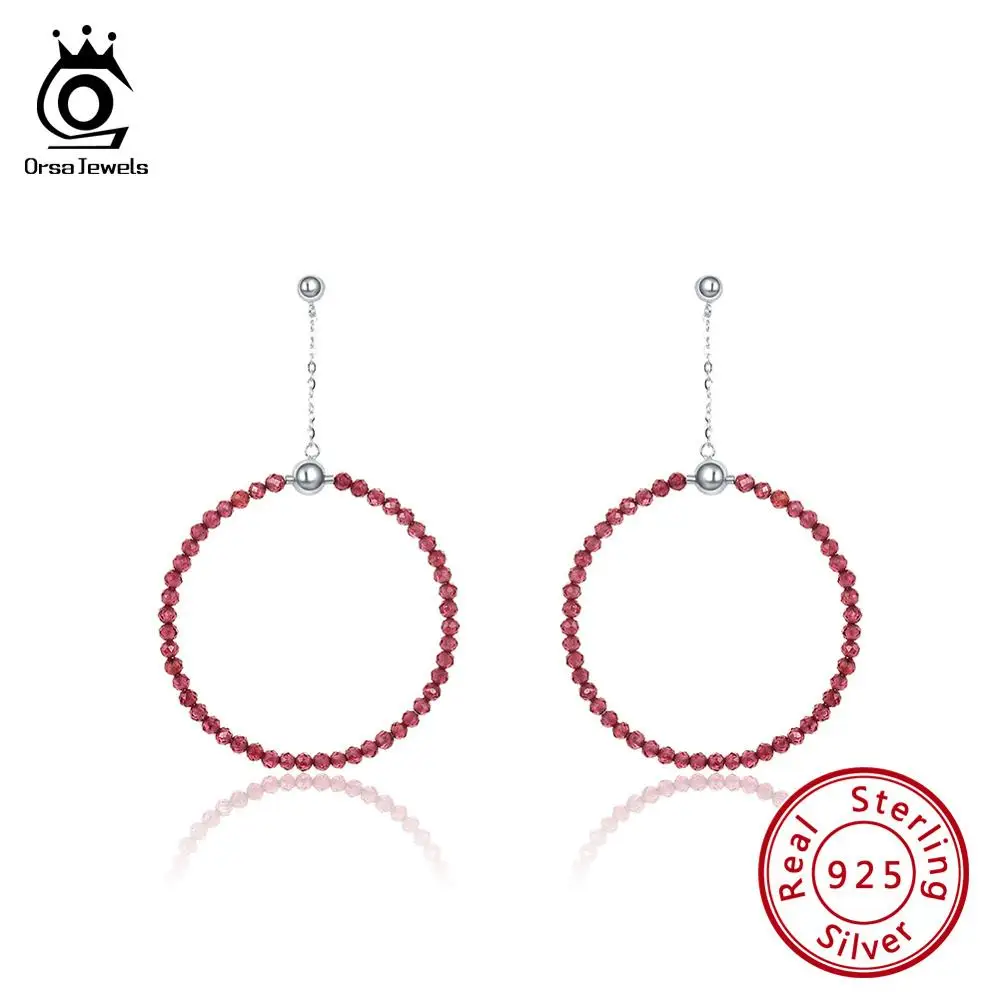 

ORSA JEWELS Delicated 100% 925 Red Garnet Women Dangle Earrings Silver Big Round Style Drop Earring Trendy Fine Jewelry SE154-B