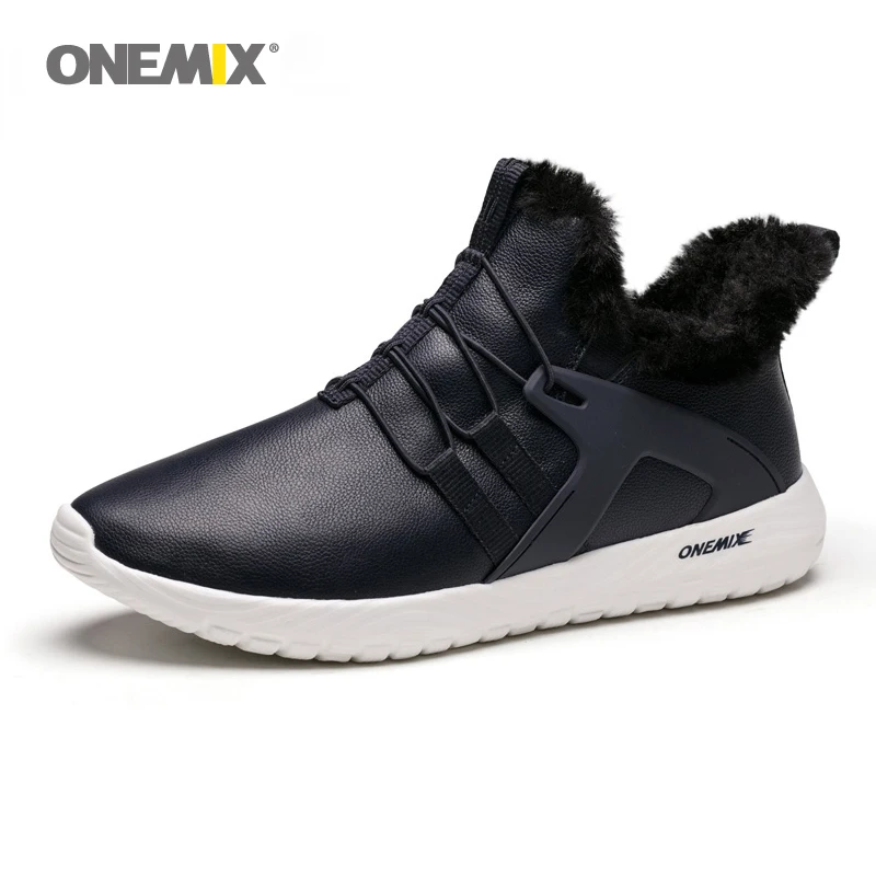 ONEMIX мужские кроссовки черные кожаные теплые зимние кроссовки без шнуровки удобные уличные беговые кроссовки для ходьбы
