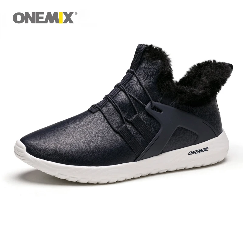 Goedkoop ONEMIX Mannen Loopschoenen Zwart lederen Warme Winter Sneakers Slip Op Comfortabele Outdoor jogging Wandelschoenen