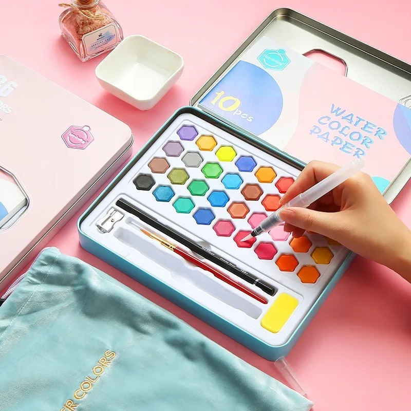 High Quality 36 Colors Portable Travel Solid Pigment Watercolor Paints Set With Watercolor Brush Pen For Painting Art Supplies