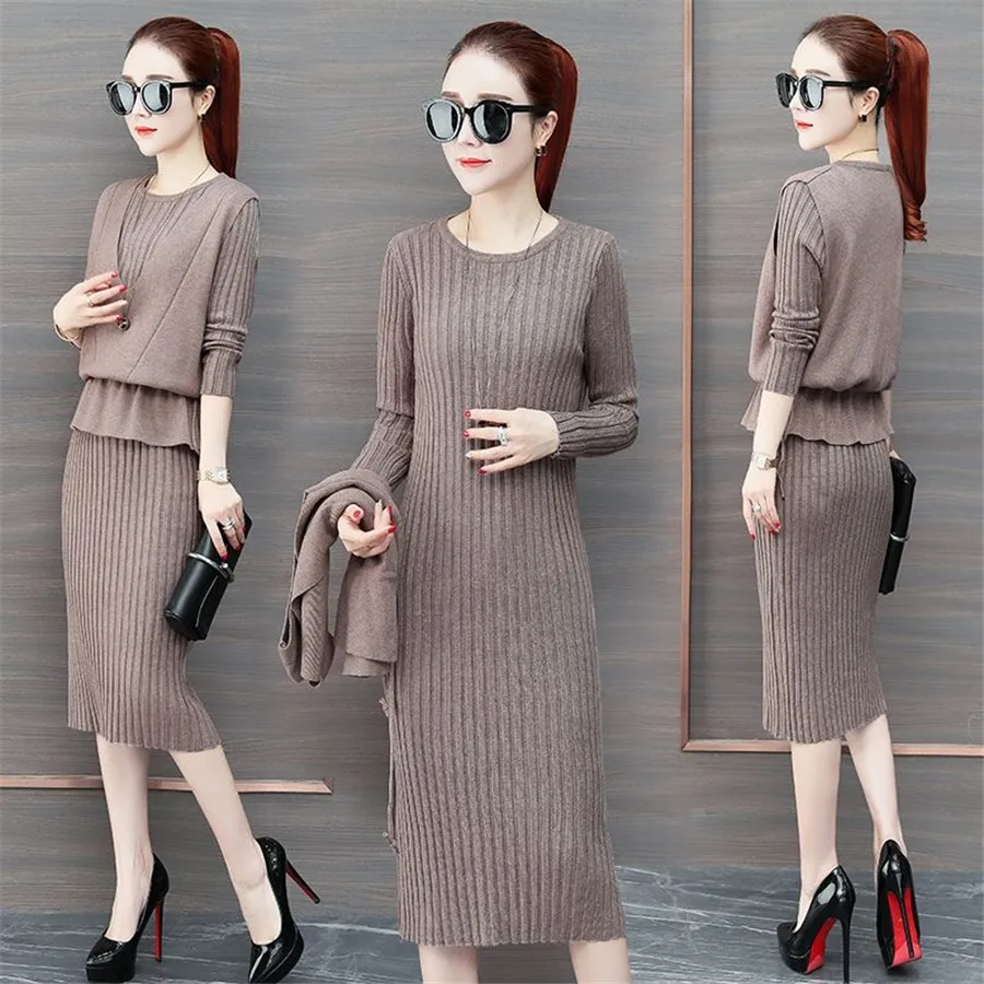 

2019 Autumn Winter New Women Cardigan Suspenders Vest Sweater Dress Suit Solid High Quality Long Sleeve Knitted Two Piece Sets