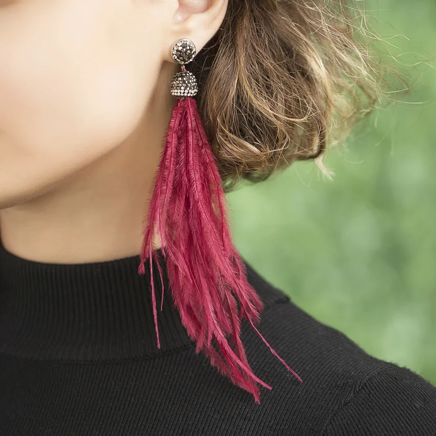 Bohemian Genuine Ostrich Feather Earrings Long Crystal Tassel Dangle Drop for Women Wedding Jewelry Statement | Украшения и