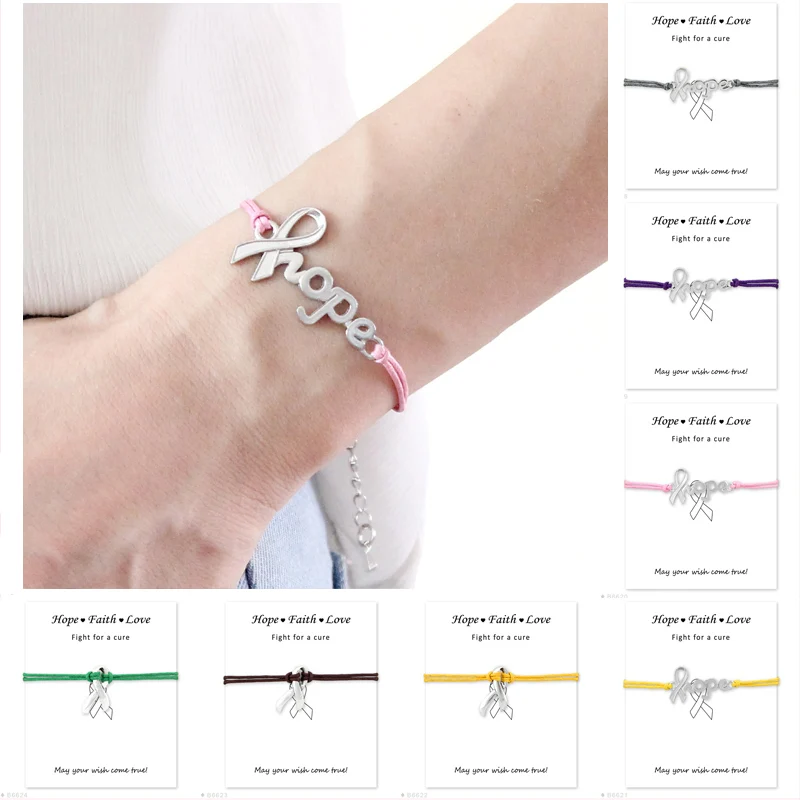 

Make a Wish Silver Hope Faith Love Ribbon Breast Cancer Survivor Awareness Bracelets for Women