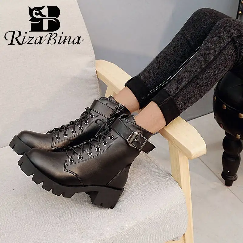

RIZABINA Women 2020 Hot Sale Motorcycle Boots Club Buckle Casual Office Ankle Boots Thick Bottom Platform Shoes Women Size 35-40