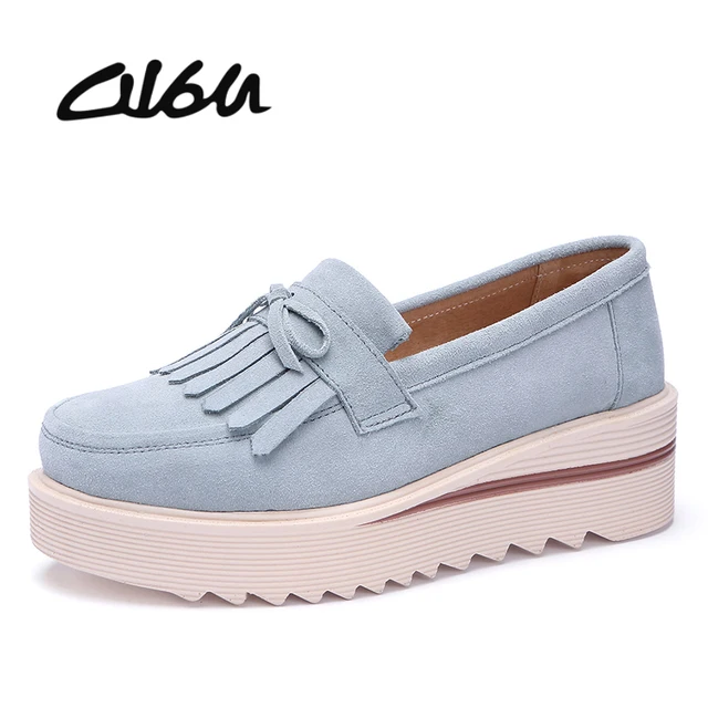 O16U 2018 Spring Women Flat Platform Shoes Suede Leather Tassel Slip on Loafers Flat Women Moccains Fringe Casual Creepers Shoes