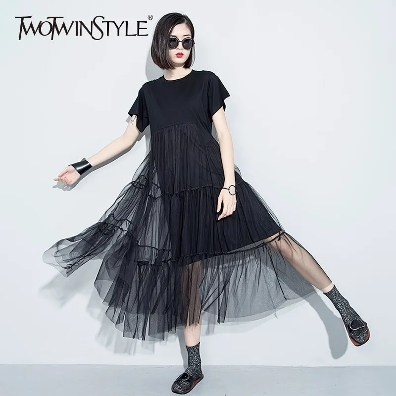 Платье-миди TWOTWINSTYLE летнее Сетчатое платье с коротким рукавом и высокой талией 2019