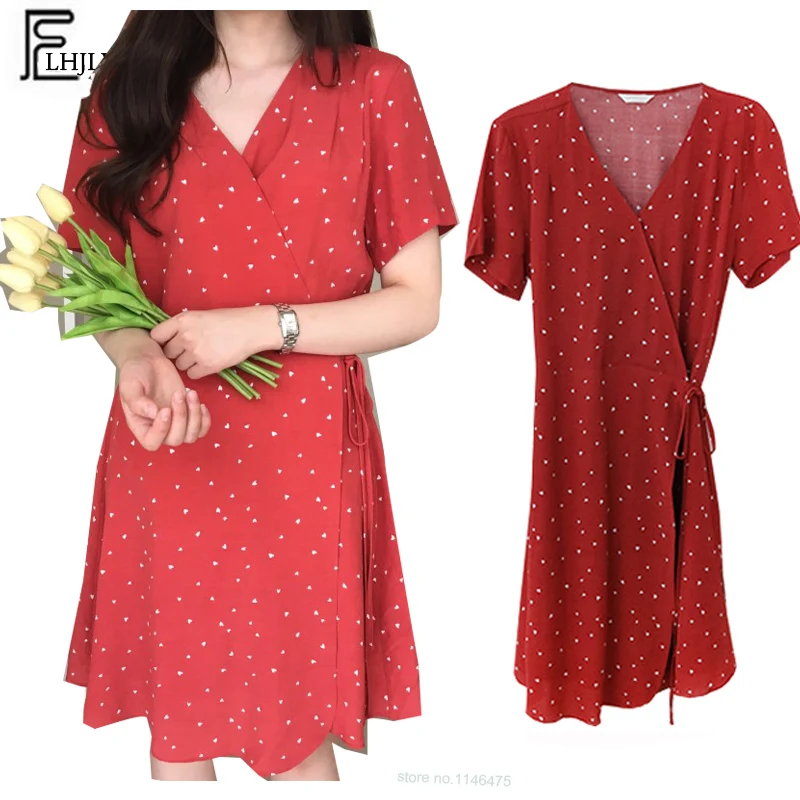 

Preppy Style Dresses Women Summer Short Sleeve A Line Cute Sweet Girls Red White Black Love Printed A Line V Neck Dress 678