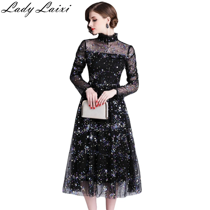 

Mesh Embroidery Floral Sequin Slim Elegant Dress Summer Women's Long sleeve Ruched Sweet Female clothes Dress