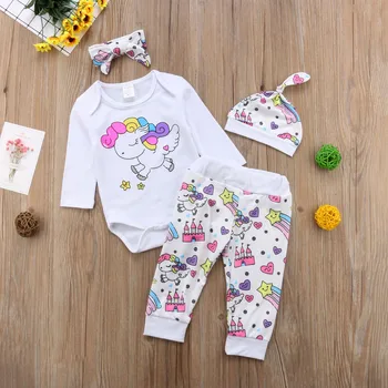 

4Pcs Lot Casual Girl Set Newborn Baby Girl Unicorn Romper Pants Leggings Hat Outfits Clothes 0-18M