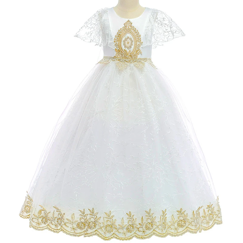 

Elegant Princess Dress Embroidery Short Sleeve Tulle Long Bridesmaid Dress for Kids Wedding Girls First Communion Party Dress