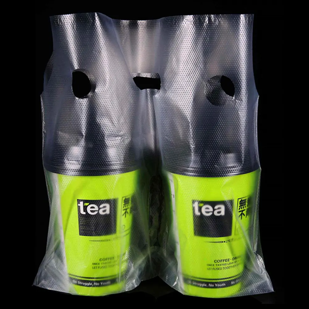 

100Pcs Double Cups Plastic Beverage Packaging Bags Clear Coffee Cup Carrier Pouch Drinking Take Out Two Cup Design Package Bag