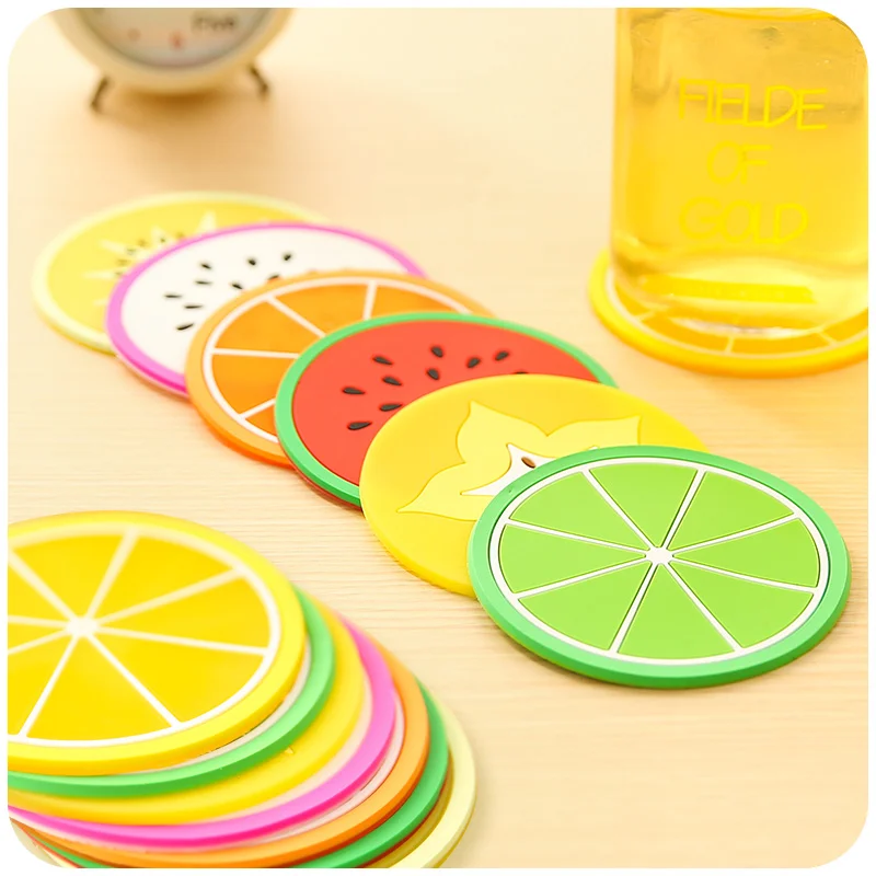 Colorful 6Pcs/Set Silicone Round Cup Mats Fruits Coaster Cute Cup