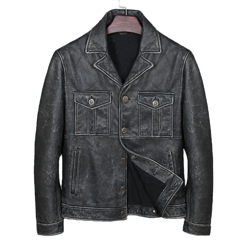 2018 Vintage Black Men Genuine Leather Motorcycle Jacket Plus Size XXXL