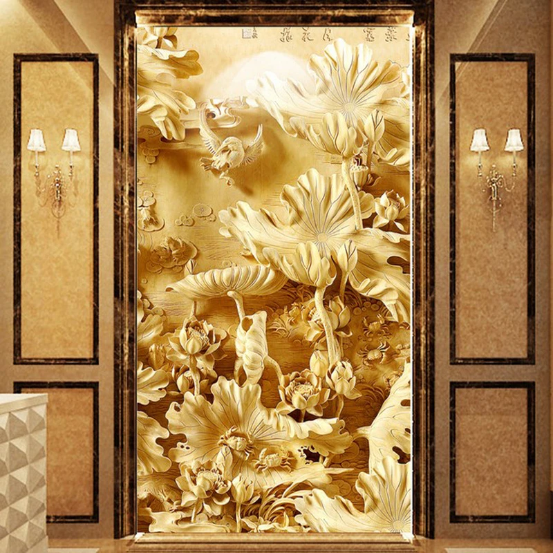 

beibehang papel de parede para quarto em 3d seamless classical mural wallpaper 3D stereoscopic lotus pond woodcarving backdrop