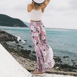 2019 девушка Цветочный принт Широкие штаны Для женщин длинные Повседневные штаны летнее для пляжа в богемном стиле эластичные Высокая талия