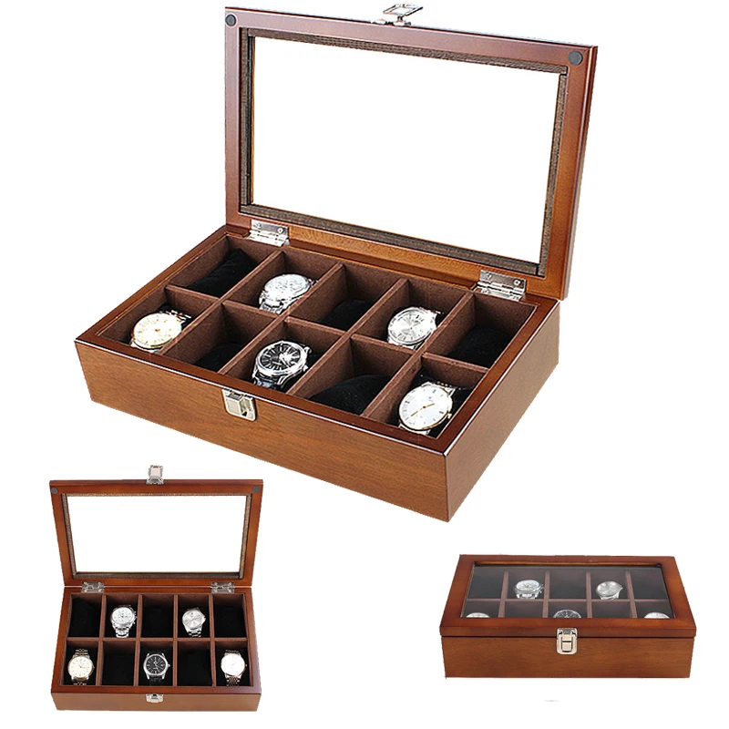 2019 Luxury 10 Grids Handmade Wood Watch Box Wood Clock Box Watch Case Time Box for Watch Holding