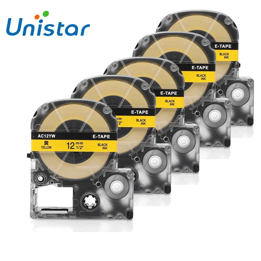 Unistar 5pcs Compatible LC 4YBP SC12YW Tape Cartridge For Epson Label Printer Black on Yellow