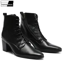 Готические мужские рыцарские ботинки с острым носком в стиле рок; ковбойские ботинки на шнуровке в стиле панк; обувь из натуральной кожи с высоким берцем для подиума на среднем каблуке