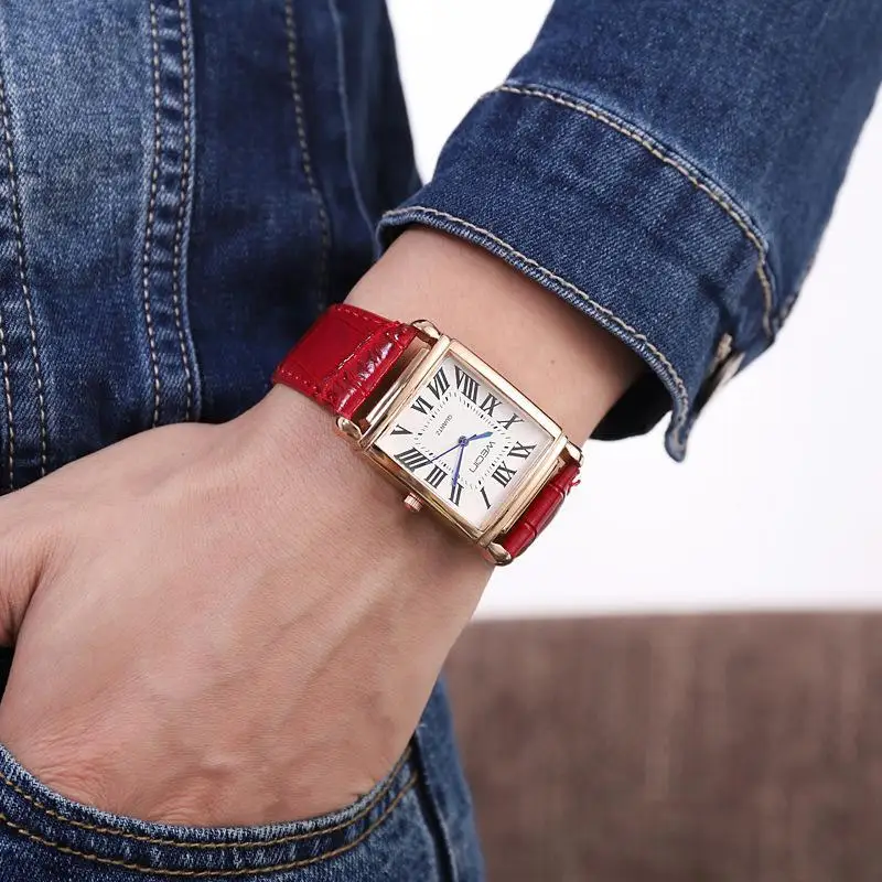 Для женщин Wecin Классическая квадратная форма рисунок из искусственной кожи ремешок для часов наручные кварцевые часы Relogio Feminino Montre Femme hv5n - Цвет: Красный