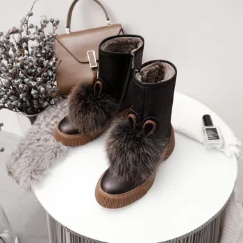 

GPOKHDS 2019 women snow boots cow leather rabbit hair zippers winter warm wool blend round toe high heels boots