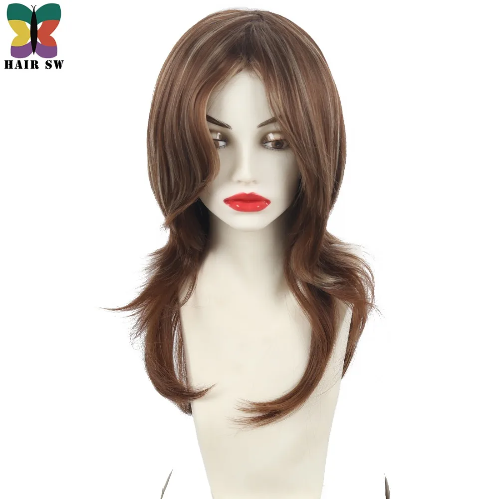 

HAIR SW Long Straight Synthetic Wig With Side Bangs Blonde Highlights Brown Classic Full Layered Wig For Women