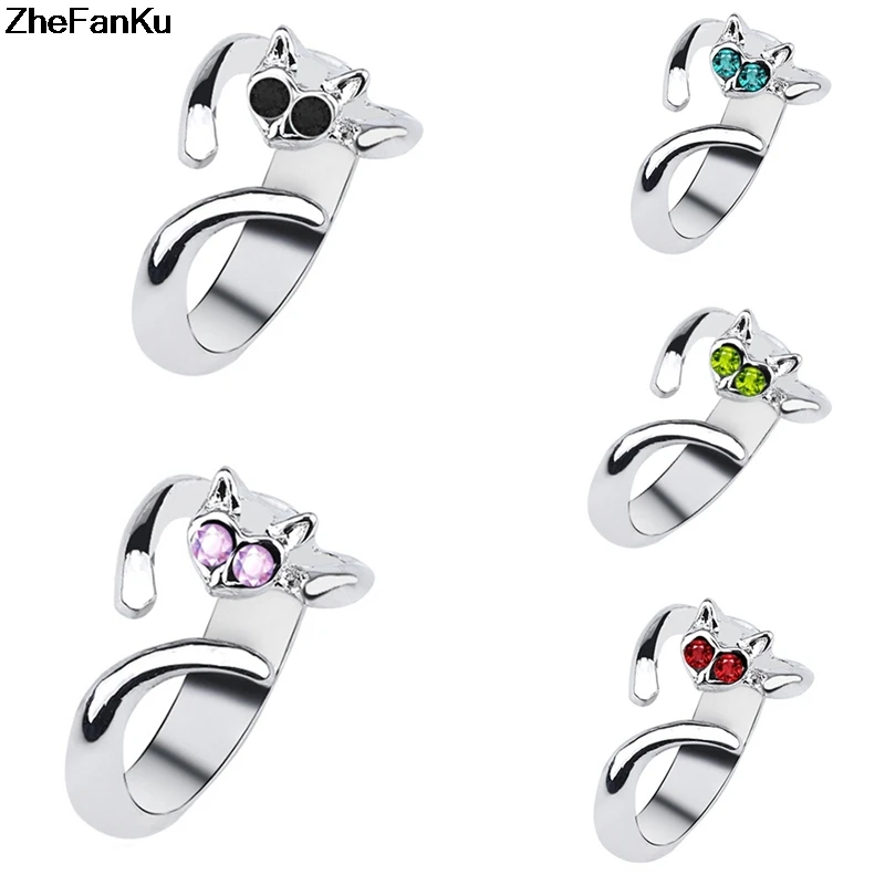 

2018 Punk Cat Open Ring Crystal Eye New Fashion finger ring boy&girl cat adjustable ring Drop shipping