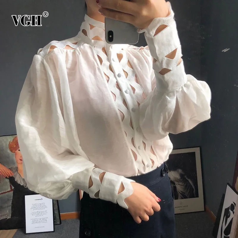 

VGH Hollow Out Loose Shirts For Women Stand Collar Lantern Sleeve With Vest Blouse Female Fashion New Clothes Korean 2019 Autumn