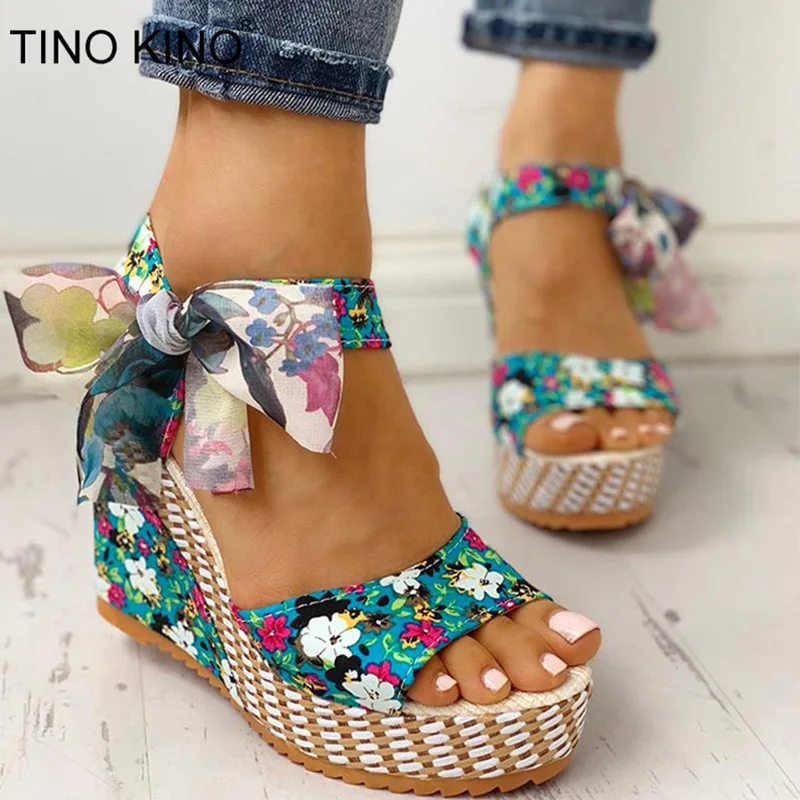 

TINO KINO Women Floral Bowknot Platform Summer Wedge Sandals Female Bohemia High Heel Fashion Ankle Strap Open Toe Ladies Shoes