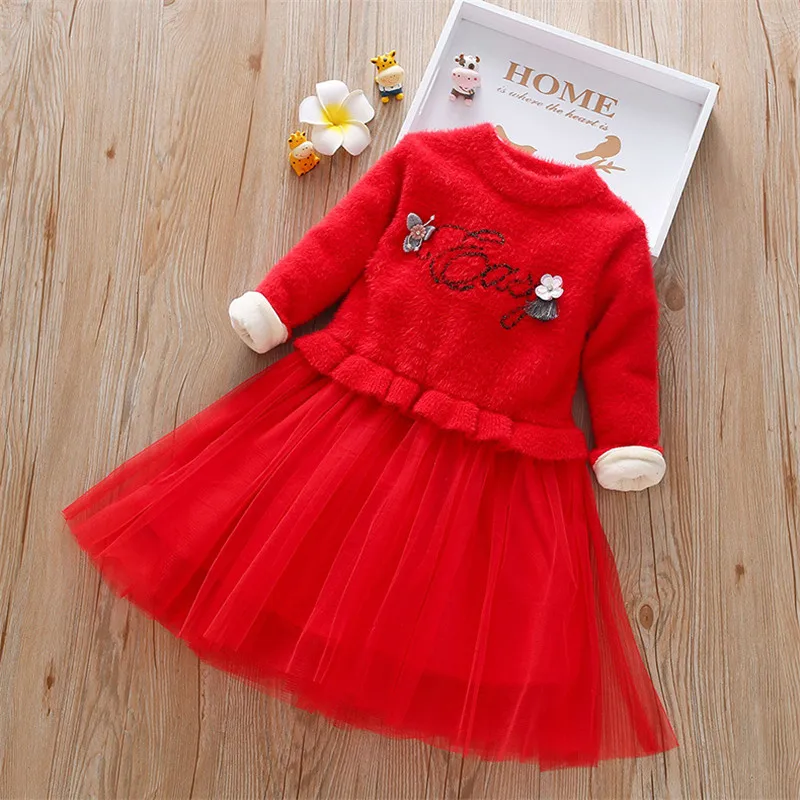 

New Arrival Kids Girls Knitted Long Sleeve Red Dress Clothes Winter Casual Plus Velvet Children Embroidered Dresses C