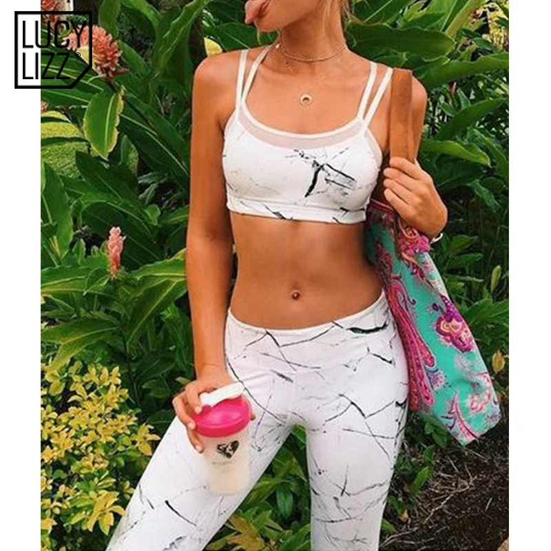 Goedkoop Lucylizz Nieuwe Gedrukt Mesh Vrouwen Sport Pak Fitness Gym Kleding 2 Delige Set Trainingspak Sexy Running Set Bras Leggings Yoga set