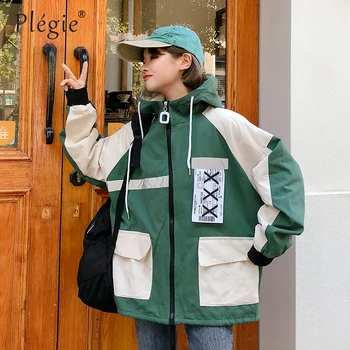 

Plegie Harajuku Oversized Patchwork Jacket Women 2019 Spring New Outwear Coat Hip Hop Streetwear Loose BF Style Hooded Jackets