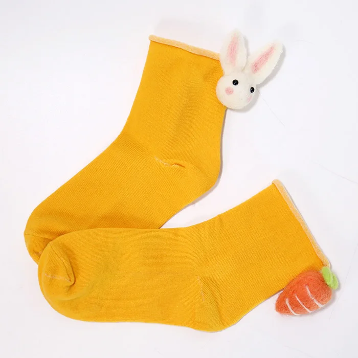 UNIKIWI. Kawaii, женские носки с морковкой, с мультяшным Кроликом, повседневные, яркие цвета, с фетровыми помпонами, носки по щиколотку, для девушек, милые животные, Sox Hosen