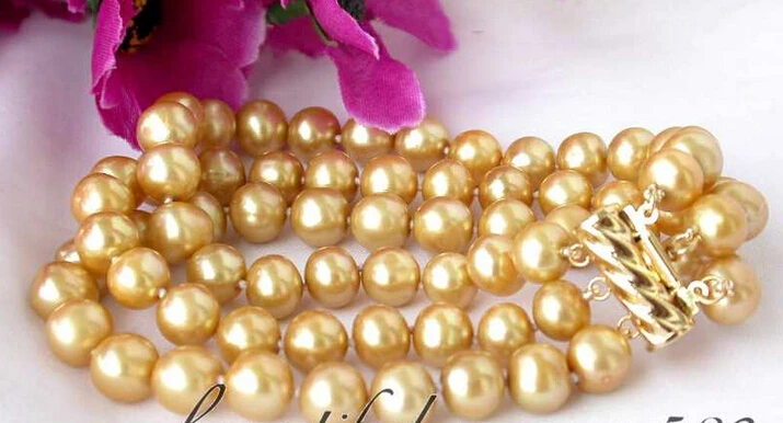 

fast shipping>3row 8" 9mm gold round freshwater pearl bracelet 14k(z2852)