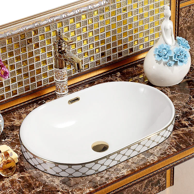 Us 358 0 Chinese Silver Gold Mosaic Ceramic Oval Semi Countertop Bathroom Sink Art Basin With Overflow Rectangular Ceramic Sink In Bathroom Sinks