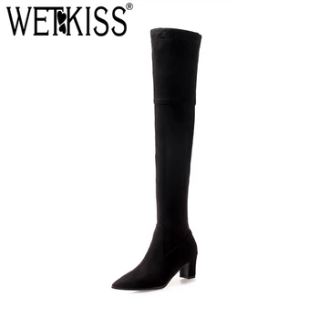 

WETKISS Black Zip Thick Heel Shoes Winter Keep Warm Women Over The Knee Boots Pointed Toe Casual Female Boots Long Thermal Shoes