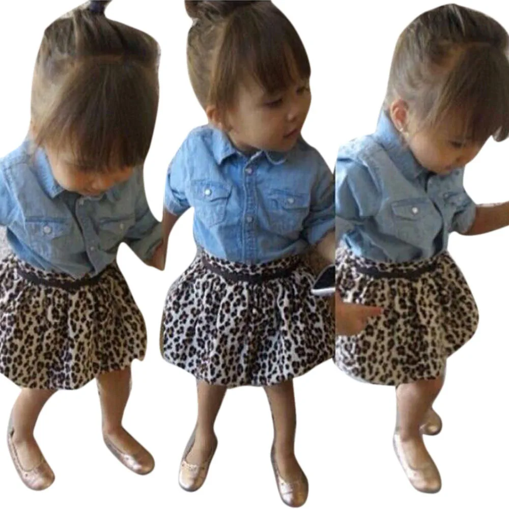baby girls clothes set 2018 Blue Jean Shirt+Belt+Leopard Short Skirt
