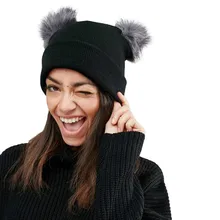 Зимние шапки бини шапка, вязанная крючком шапочки Skullies женские зимние теплые двойные помпон из искуственного меха шапка с помпоном бини с помпоном шапки# P